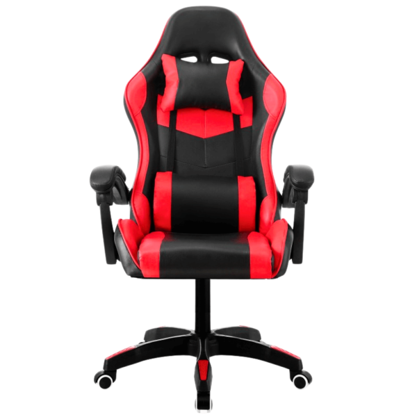 Silla gamer ergonómica reclinable Sakhir con respaldo alto y diseño racing, tapizada en similpiel, disponible en combinaciones de colores negro y rojo, blanco y azul.