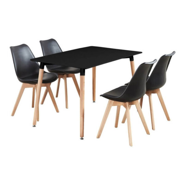 Silla de comedor moderna con carcasa de plástico resistente, cojín de similpiel blanca y patas de madera de haya.
