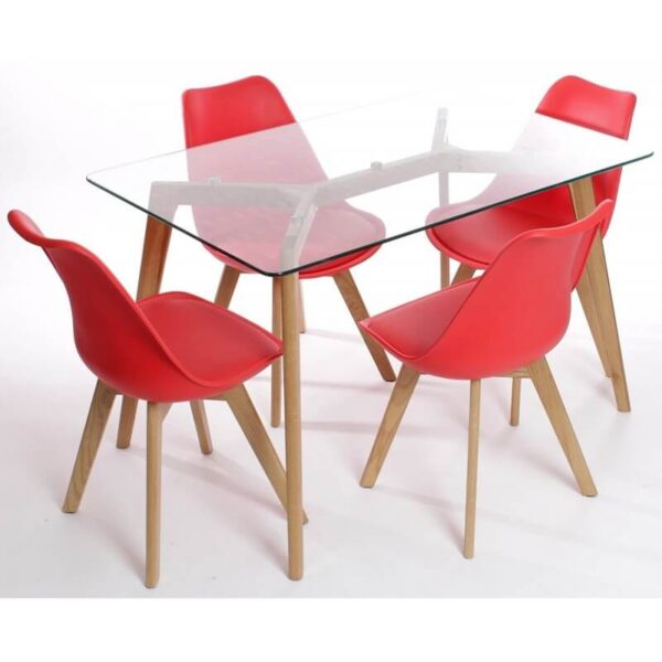 Silla de comedor moderna con carcasa de plástico resistente, cojín de similpiel blanca y patas de madera de haya.