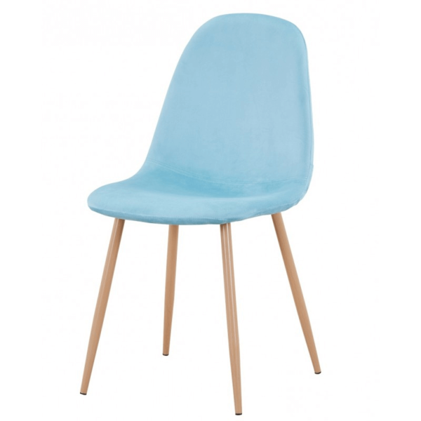 Sillas tapizadas en terciopelo con base metálica pintada en color madera, disponibles en colores como aguamarina, azul, verde y rosa.