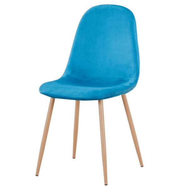 Sillas tapizadas en terciopelo con base metálica pintada en color madera, disponibles en colores como aguamarina, azul, verde y rosa.