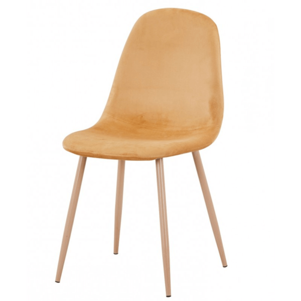 Sillas tapizadas en terciopelo con base metálica pintada en color madera, disponibles en colores como aguamarina, azul, verde y rosa.