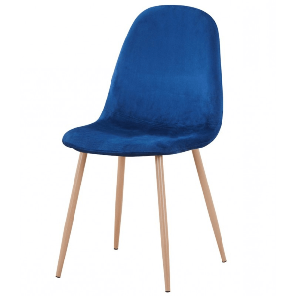 Sillas tapizadas en terciopelo con base metálica pintada en color madera, disponibles en colores como aguamarina, azul, verde y rosa.