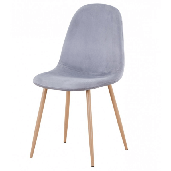 Sillas tapizadas en terciopelo con base metálica pintada en color madera, disponibles en colores como aguamarina, azul, verde y rosa.