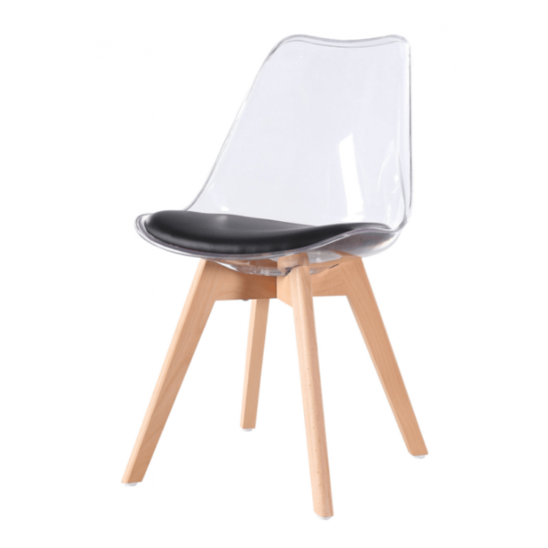 Silla comedor transparente con carcasa de PET y cojín acolchado de similpiel, base de madera de haya, ideal para comedores y espacios versátiles.