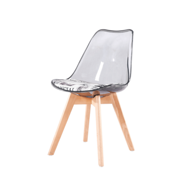 Silla comedor transparente con carcasa de PET y cojín acolchado de similpiel, base de madera de haya, ideal para comedores y espacios versátiles.