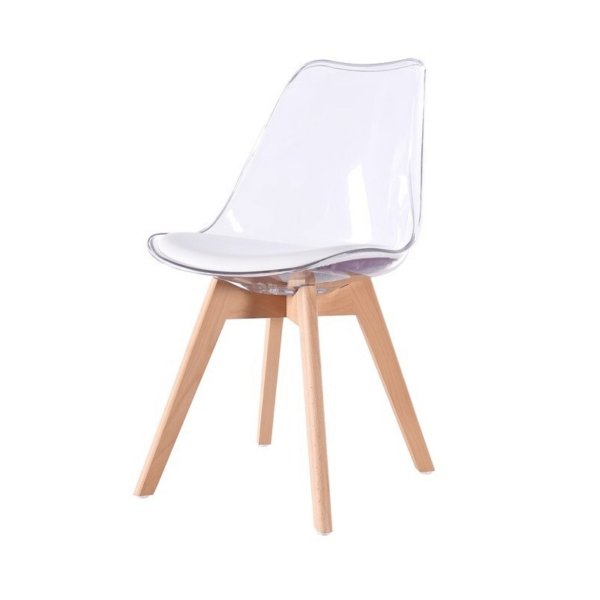 Silla comedor transparente con carcasa de PET y cojín acolchado de similpiel, base de madera de haya, ideal para comedores y espacios versátiles.
