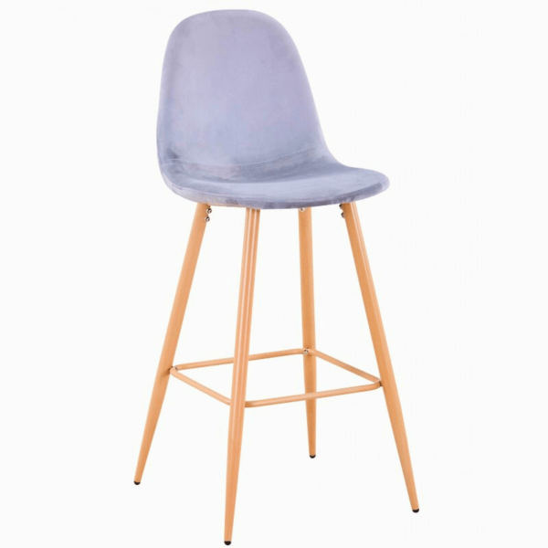 Banqueta alta en terciopelo gris con patas de imitación madera, diseño moderno para barras altas.
