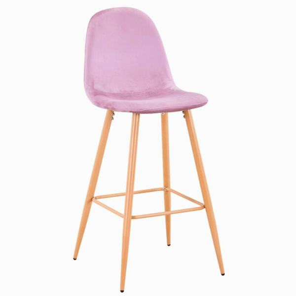 Elegante banqueta alta en terciopelo rosa y patas metálicas estilo madera, ideal para barras altas.