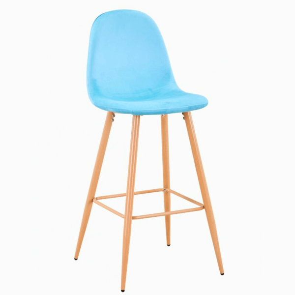 Banqueta alta con terciopelo aguamarina y patas imitación madera, un toque fresco y elegante para barras.