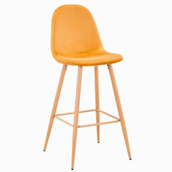 Banqueta alta en terciopelo amarillo y patas metálicas estilo madera, vibrante y funcional para tu espacio.