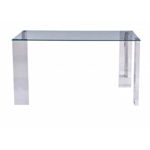 Mesa de comedor rectangular con tapa de cristal templado y pies de acero inoxidable, diseño moderno y elegante.