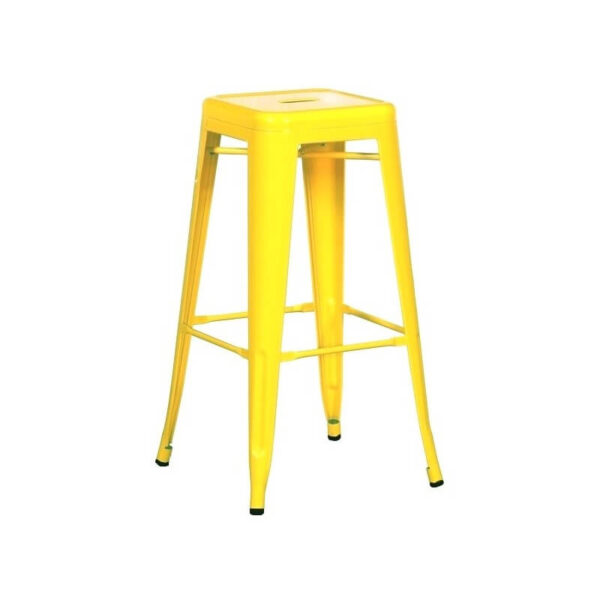 Taburete de acero amarillo, diseño moderno y apilable con estructura metálica duradera.