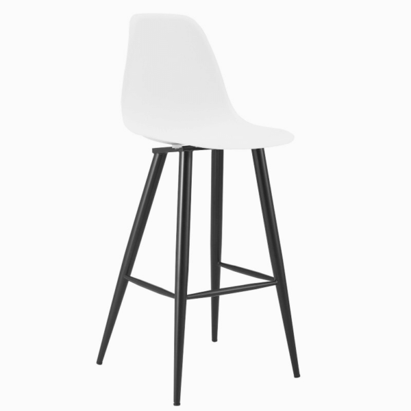 Taburete patas negras Cluny blanco, respaldo alto, apoya pies y asiento de polipropileno. Ideal para cocinas y barras