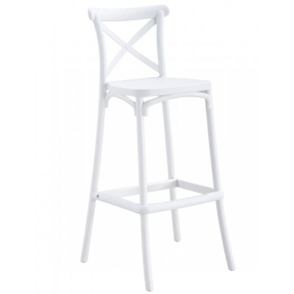 Banco alto para exterior blanco, fabricado en polipropileno con tratamiento anti-UV, ideal para terrazas y jardines