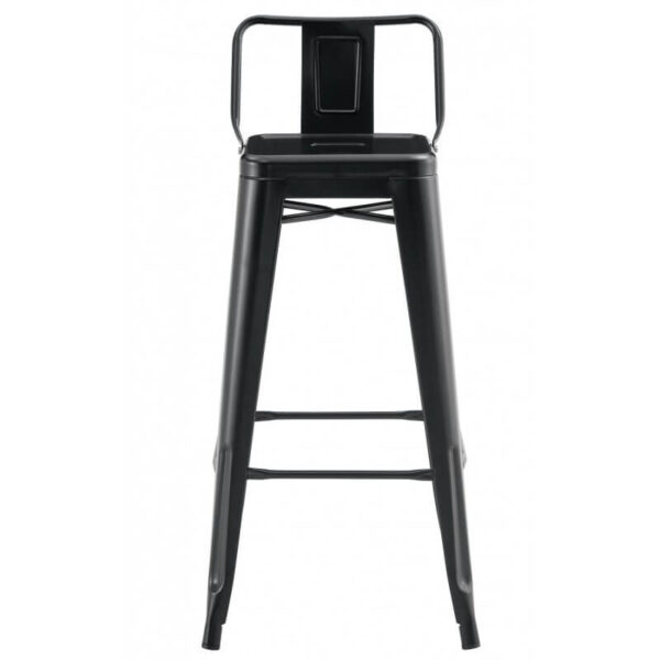 Banqueta industrial negra de acero con asiento cómodo y patas con tacos antideslizantes, ideal para cocinas y bares