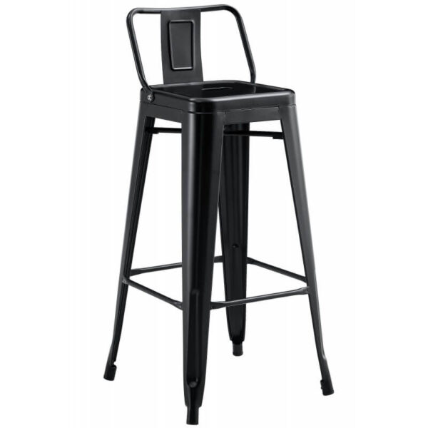 banquetas altas de hierro con respaldo negra con reposapiés, diseño industrial para bar o cocina.