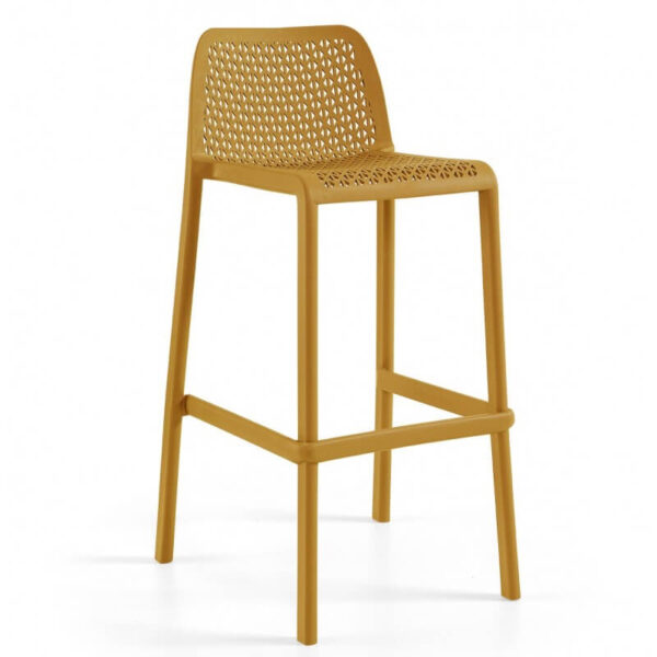 Banqueta alta de exterior en color amarillo, resistente y ligera, con protección UV y estructura ergonómica para mayor comodidad.