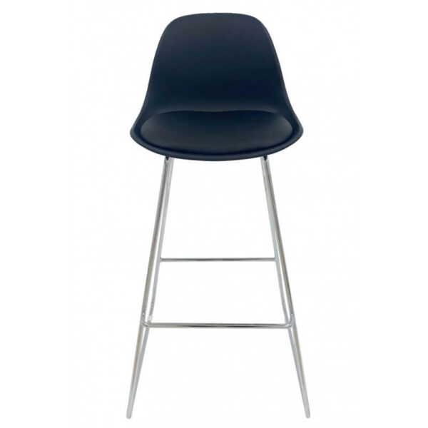 Banqueta para isla con respaldo negro, estructura metálica cromada y asiento tapizado.