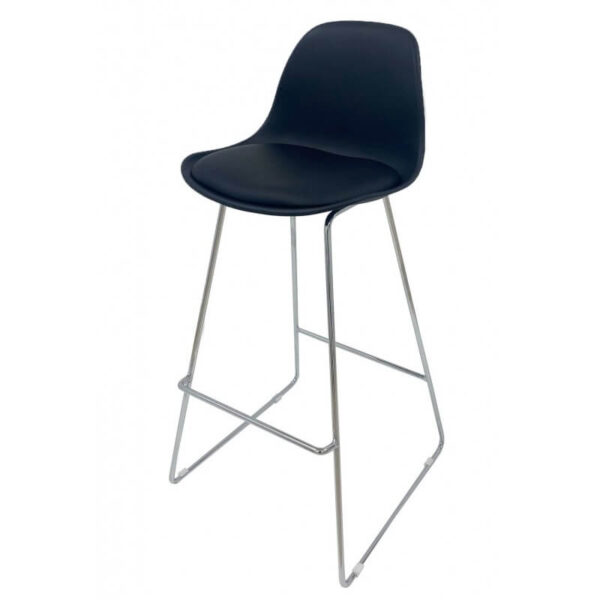 Banqueta para isla con respaldo negro, estructura metálica cromada y asiento tapizado.