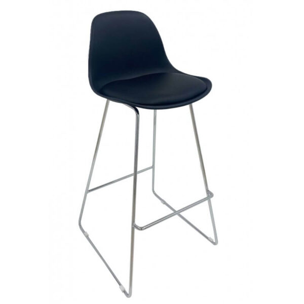 Banqueta para isla con respaldo negro, estructura metálica cromada y asiento tapizado.