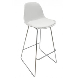 Banqueta para isla con respaldo blanco, estructura cromada y asiento de similpiel.