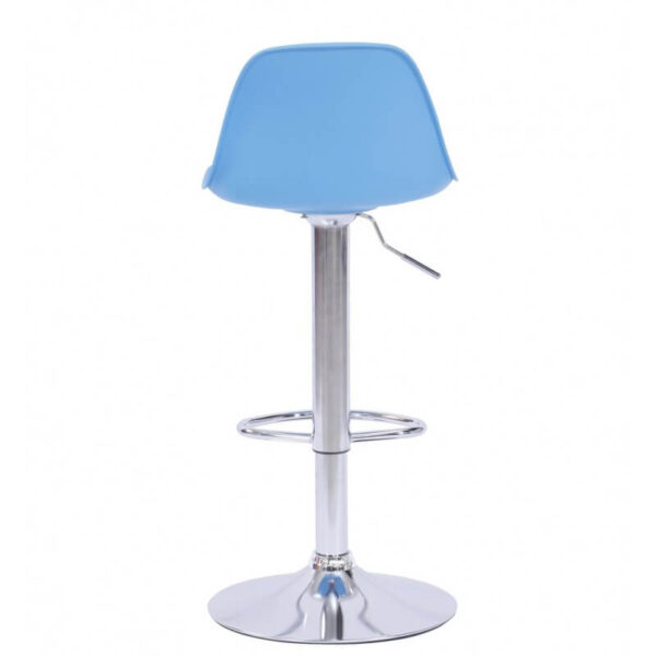 Banqueta regulable azul con respaldo, cojín de similpiel y base cromada de Muebles Confort.