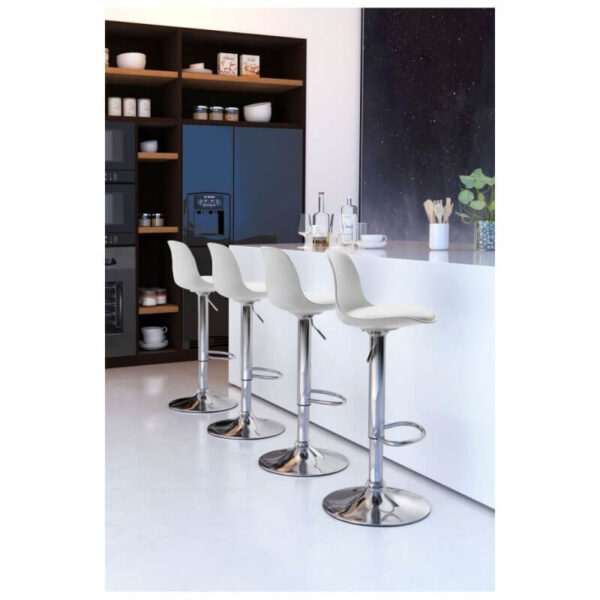 Banqueta regulable blanca con respaldo, cojín de similpiel y base cromada de Muebles Confort.
