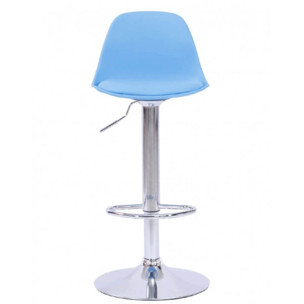 Banqueta regulable azul con respaldo, cojín de similpiel y base cromada de Muebles Confort.