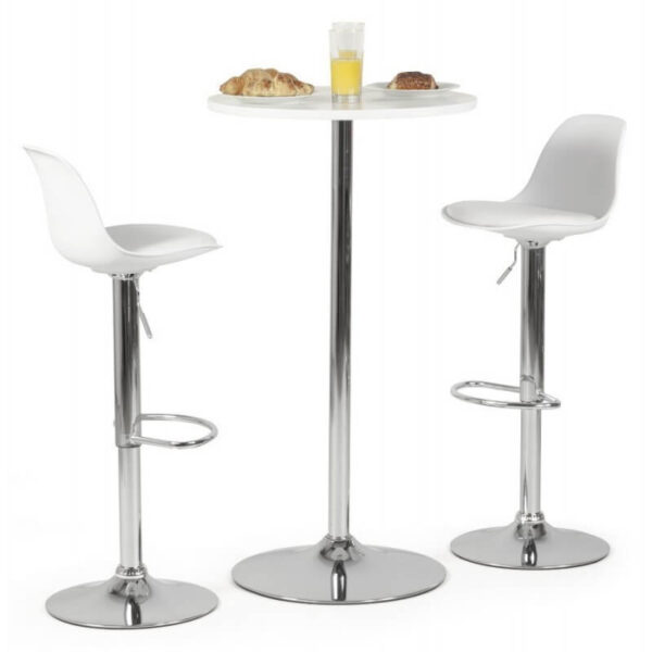 Banqueta regulable blanca con respaldo, cojín de similpiel y base cromada de Muebles Confort.