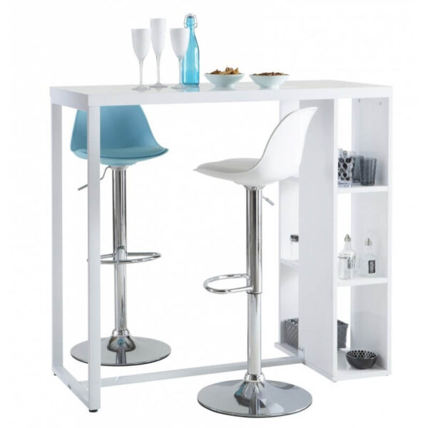 Banqueta regulable blanca con respaldo, cojín de similpiel y base cromada de Muebles Confort.