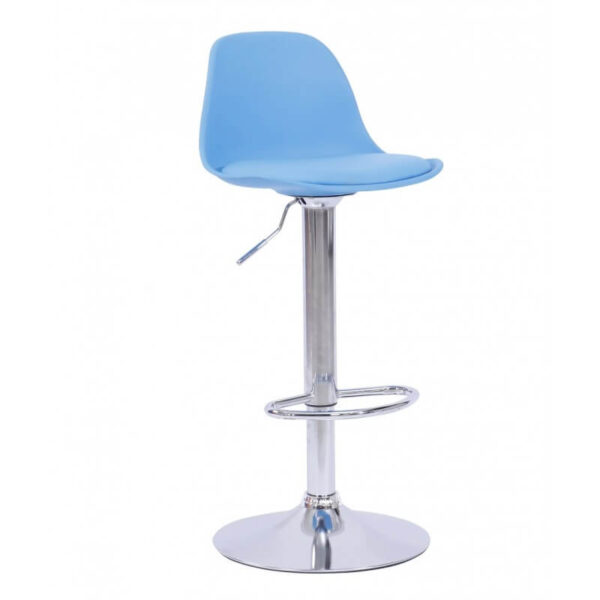 Banqueta regulable azul con respaldo, cojín de similpiel y base cromada de Muebles Confort.