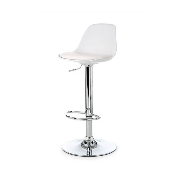 Banqueta regulable blanca con respaldo, cojín de similpiel y base cromada de Muebles Confort.