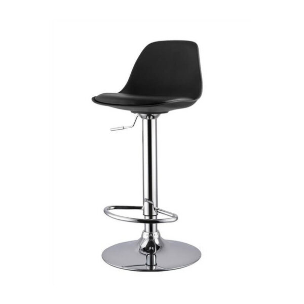 Banqueta regulable negra con cojín de similpiel y base cromada de Muebles Confort.