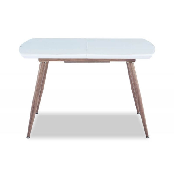 Descubre la mesa de madera y hierro extensible con acabado en blanco alto brillo y cristal. Perfecta para comedores versátiles