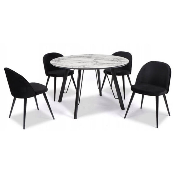 mesa imitación mármol para comedor y armazón metálico negro, diseño moderno y funcional.