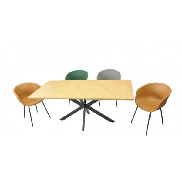 Mesa madera 180x90 cm con estructura metálica negra y tapa bilaminada en acabado natural.