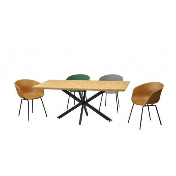 Mesa madera 180x90 cm con estructura metálica negra y tapa bilaminada en acabado natural.