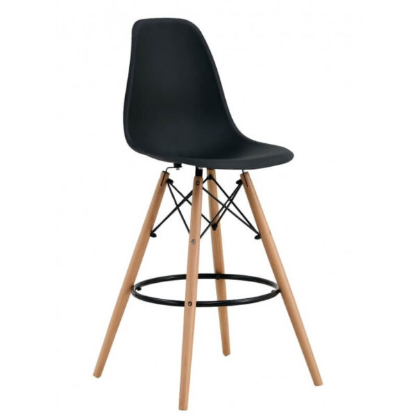 Taburete alto cocina Star negro, diseño nórdico, base de madera con reposapiés metálico, perfecto para cocinas modernas