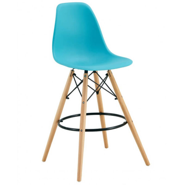 Taburete alto cocina Star turquesa, diseño nórdico, asiento de polipropileno y base de madera, ideal para cocinas modernas