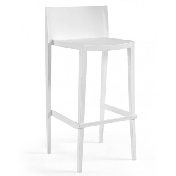 Taburete alto de plástico antracita con respaldo, apilable y resistente a rayos UV, ideal para uso en interiores y exteriores.