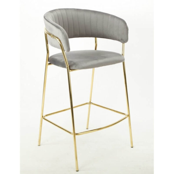 Taburete alto terciopelo gris oscuro con armazón metálico cromado dorado, elegante y cómodo.