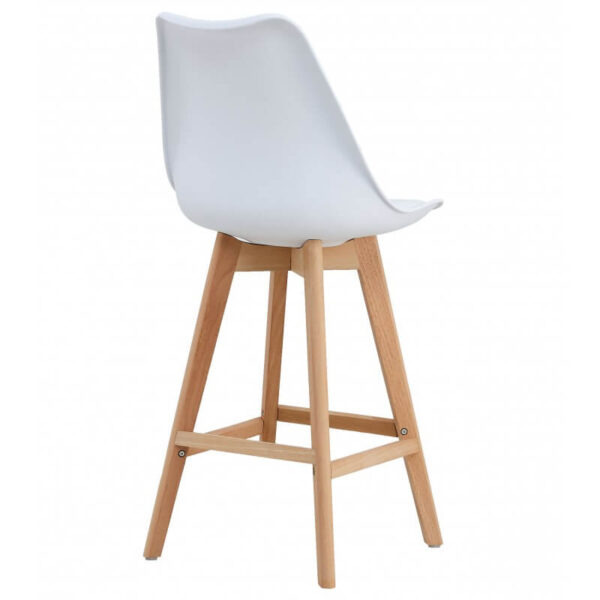 Taburete blanco estilo nórdico con cojín similpiel y base de madera de haya.