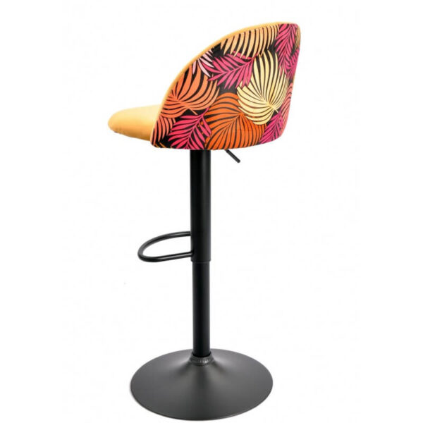 Taburete Flor tapizado en velvet amarillo con diseño floral trasero, base metálica negra y altura regulable para un toque vibrante y moderno.