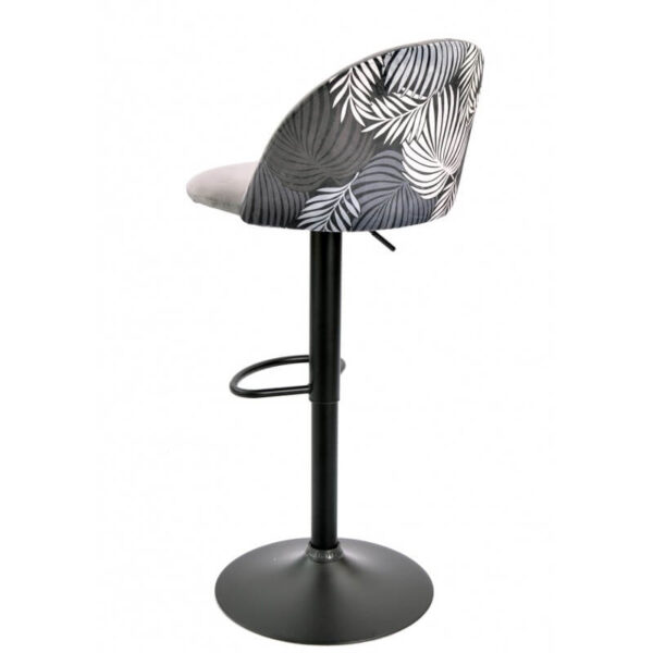 Taburete Flor en elegante tejido velvet gris con trasera floral a juego, estructura metálica negra y sistema de ajuste de altura.