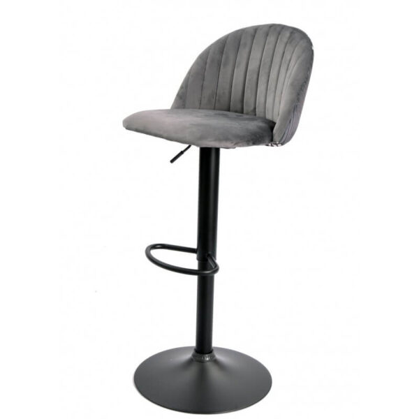Taburete Flor en elegante tejido velvet gris con trasera floral a juego, estructura metálica negra y sistema de ajuste de altura.