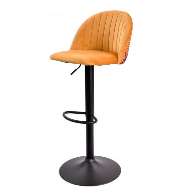 Taburete Flor tapizado en velvet amarillo con diseño floral trasero, base metálica negra y altura regulable para un toque vibrante y moderno.