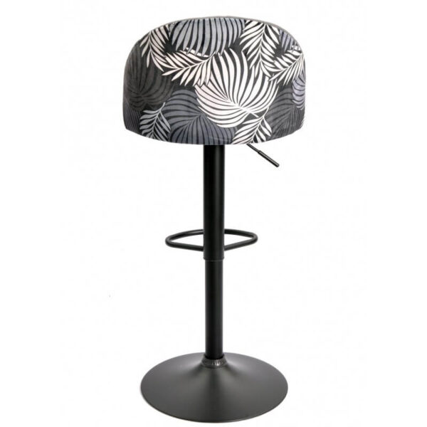 Taburete Flor en elegante tejido velvet gris con trasera floral a juego, estructura metálica negra y sistema de ajuste de altura.
