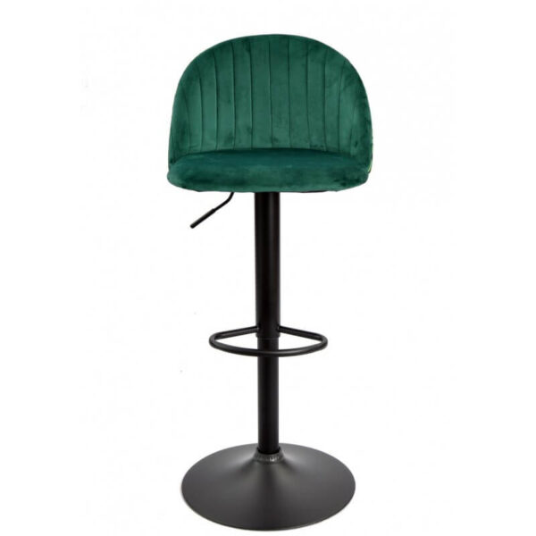 Taburete Flor en tejido velvet verde con trasera floral, estructura metálica negra y altura ajustable, ideal para barras y mesas altas.