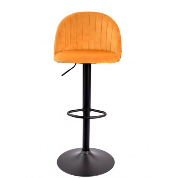 Taburete Flor tapizado en velvet amarillo con diseño floral trasero, base metálica negra y altura regulable para un toque vibrante y moderno.